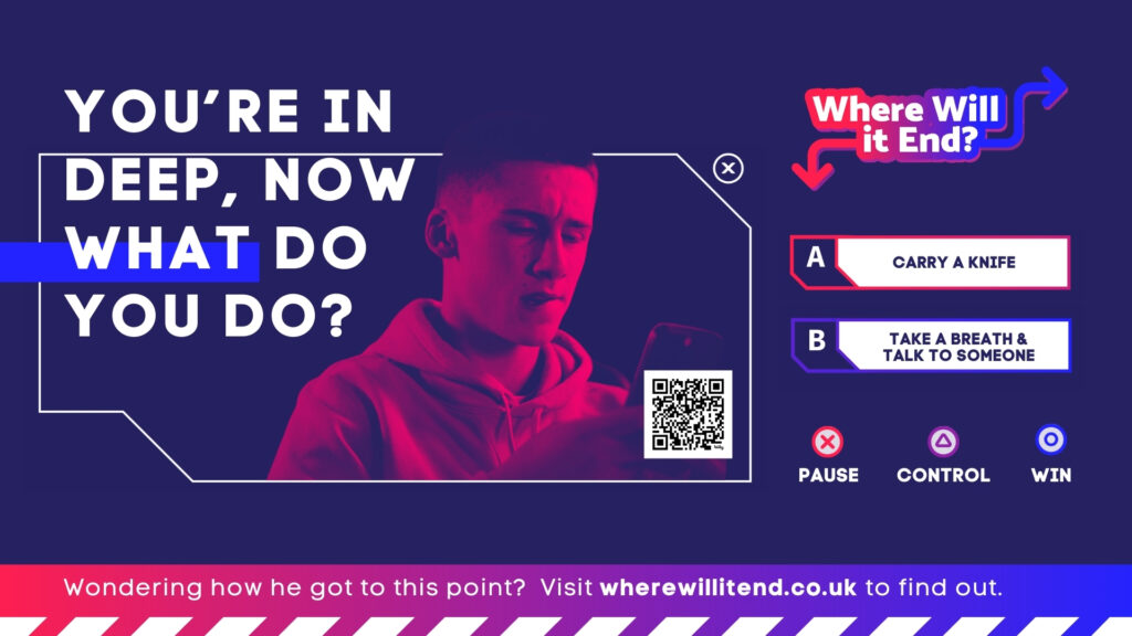 VRA Campaign Digital Asset - it simulates a choice screen in a video game, asking whether to carry a knife or take a breath and talk to someone.
