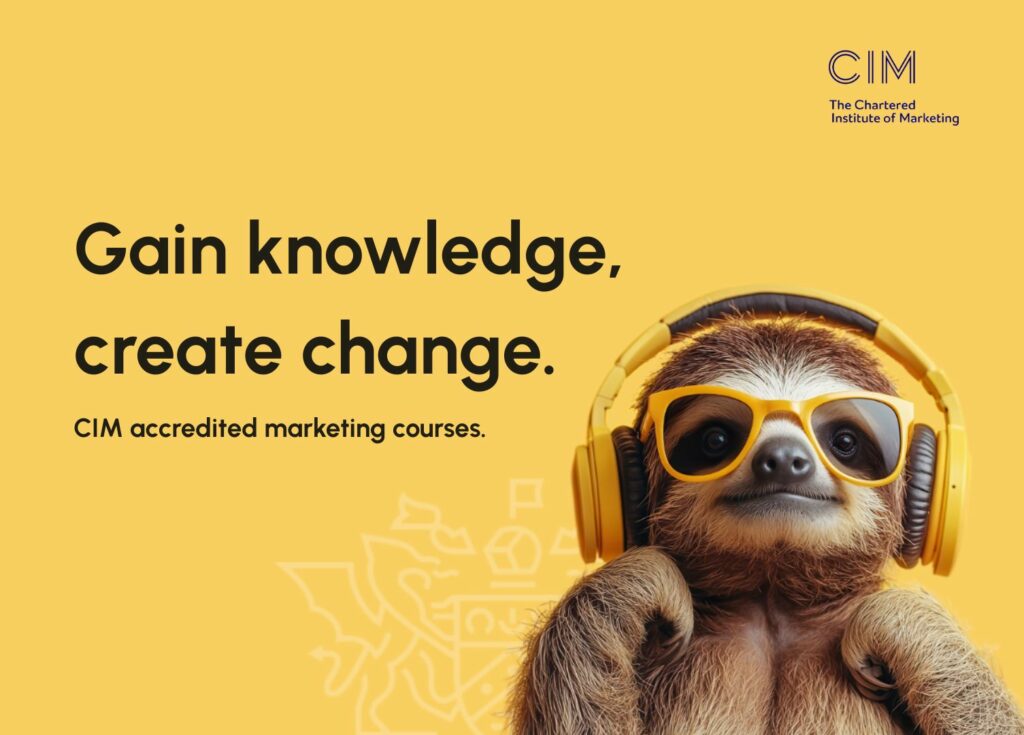 Yellow banner featuring TMLA's slogan, 'Gain knowledge, create change' and the brand sloth.