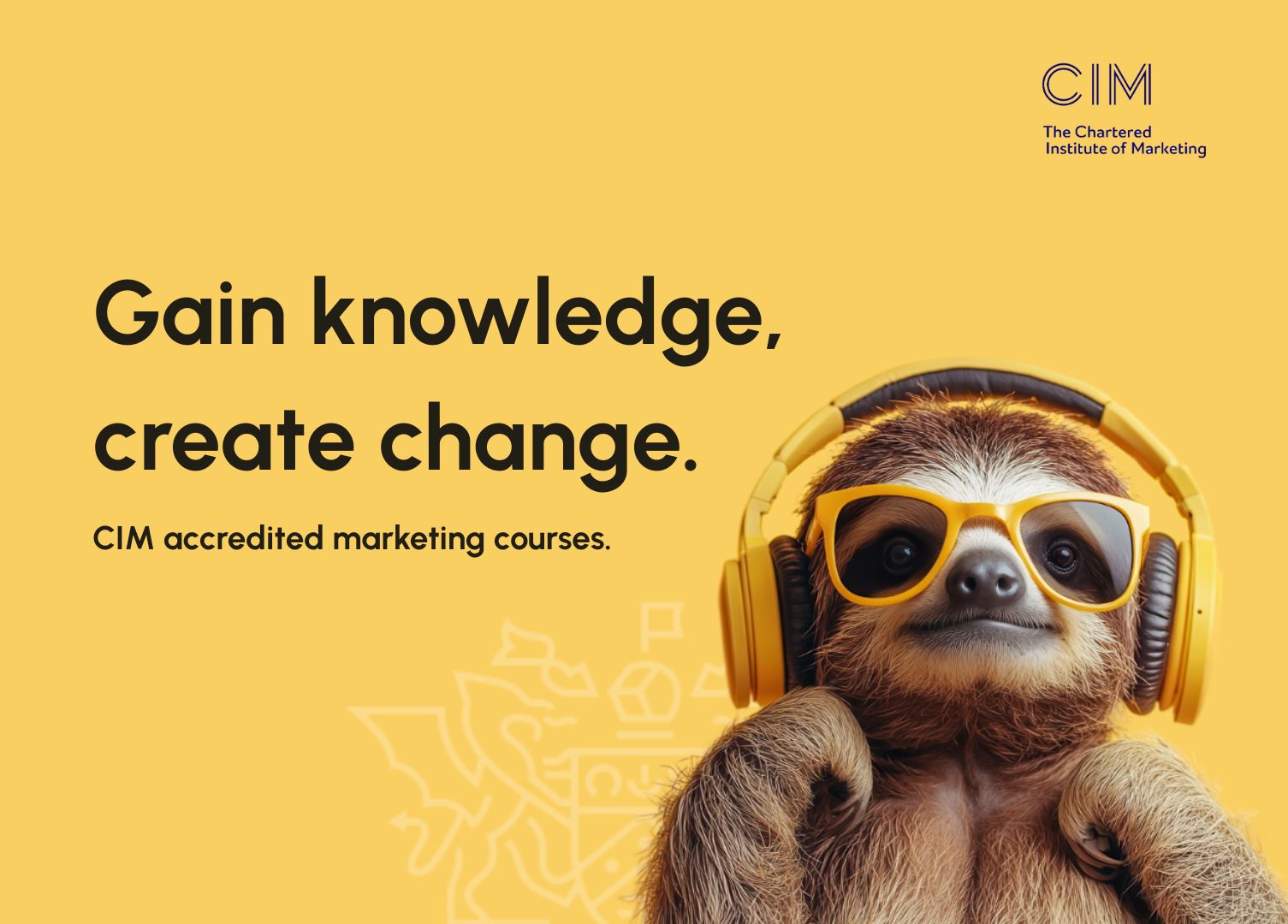 Yellow banner featuring TMLA's slogan, 'Gain knowledge, create change' and the brand sloth.
